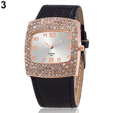 Women's Luxury Square Case Shiny Rhinestones Faux Leather Analog Wrist Watch - ENSEIGNE DENIS