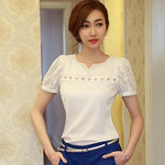 Women's Fashion Summer Hollow Sexy Short Sleeve V Neck Lace Chiffon Blouse T-shirt