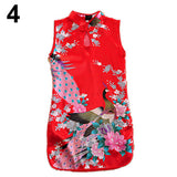 Children Girls Chinese Cheongsam Floral Peacock Lapel Sleeveless Summer Dress