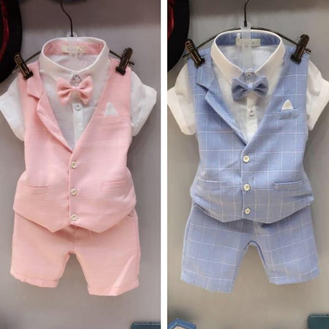 Baby Boy Gentleman Short Sleeve T-Shirt Plaid Waistcoat with Bow Tie Shorts Suit