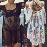 Women Summer Beach Sexy Boho Off Shoulder Floral Lace Hollow Top Cover Up - ENSEIGNE DENIS