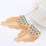 Women's Semicircle Tassels Rhombic Pattern Golden Tone Hook Earrings Jewelry