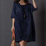 Summer Lady Floral Embroidered O-Neck Beach Cotton Linen Half Sleeve Loose Dress