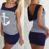 Women's Fashion Sexy Anchor Stripe Sleeveless O-neck Skirts Bodycon Mini Dress - ENSEIGNE DENIS