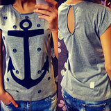 Women Fashion Casual Cotton Anchor Print Short Sleeve T-Shirt Summer Blouse Top - ENSEIGNE DENIS