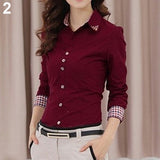 Women Office Career Formal Revit Studded Collar Button Up Blouse OL Shirt Top - ENSEIGNE DENIS