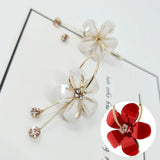 Korean Women Camellia Flower Long Tassel Rhinestone Party Leaverback Earrings