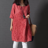 Summer Lady Floral Embroidered O-Neck Beach Cotton Linen Half Sleeve Loose Dress