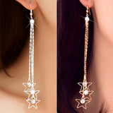 Women Pentacle Rhinestone Drop 3 Layers Chain Long Tassels Dangle Linear Earrings
