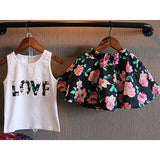 Girls Sleeveless Love Letters Printed Vest Tops + Floral Skirt Two Piece Set