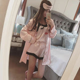 4 Pieces Women Summer Pajamas Top Shorts Robe Eye Mask Sleepwear Clothing Set