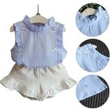 Fashion Ruffles Bowknot Children Girls Summer Sleeveless Top Shorts Clothes Set
