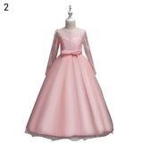 Fashion Girls Formal Lace Bowknot Long Sleeve Party Wedding Princess Maxi Dress