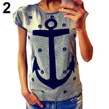 Women Fashion Casual Cotton Anchor Print Short Sleeve T-Shirt Summer Blouse Top - ENSEIGNE DENIS