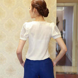 Women's Fashion Summer Hollow Sexy Short Sleeve V Neck Lace Chiffon Blouse T-shirt