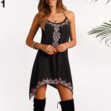 Women Summer Floral Printed Spaghetti Strap A-Line Asymmetrical Hem Short Dress