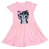Kids Girls Fashion Summer Short Sleeve Cute Cat Bowknot Dress O-Neck Dress