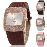 Women's Luxury Square Case Shiny Rhinestones Faux Leather Analog Wrist Watch - ENSEIGNE DENIS