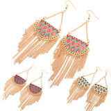 Women's Semicircle Tassels Rhombic Pattern Golden Tone Hook Earrings Jewelry