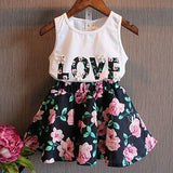 Girls Sleeveless Love Letters Printed Vest Tops + Floral Skirt Two Piece Set