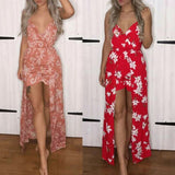 Sexy Women V Neck Spaghetti Strap Floral Print Romper Jumpsuit Long Maxi Dress