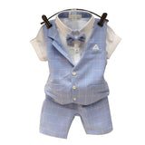 Baby Boy Gentleman Short Sleeve T-Shirt Plaid Waistcoat with Bow Tie Shorts Suit