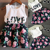 Girls Sleeveless Love Letters Printed Vest Tops + Floral Skirt Two Piece Set