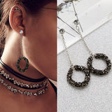Fashion Black Rhinestones Circle Tassel Long Drop Earrings Women Jewelry Gift