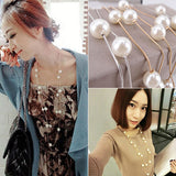 Women Fashion Double Layers Alloy Faux Pearl Decor Sweater Long Chain Necklace