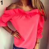 Women's Fashion Sexy Off Shoulder Ruffled Strapless Loose T-Shirt Blouse Top