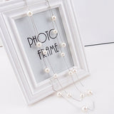 Women Fashion Double Layers Alloy Faux Pearl Decor Sweater Long Chain Necklace