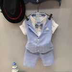Baby Boy Gentleman Short Sleeve T-Shirt Plaid Waistcoat with Bow Tie Shorts Suit