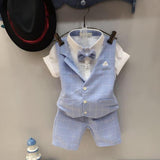 Baby Boy Gentleman Short Sleeve T-Shirt Plaid Waistcoat with Bow Tie Shorts Suit