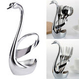 Creative Stainless Steel Fruit Food Fork Spoon Knife Cutlery Swan Base Holder