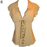 Sexy Women Lapel V-Neck Bandage Lace Up Ruffled Short Sleeve Top T-Shirt Blouse - ENSEIGNE DENIS
