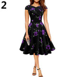 Elegant Women Flower Rose Boat Neck High Waist Big Swing Evening Party Dress