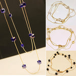 Women Square Rhinestones Beads 2 Layers Golden Alloy Chain Long Sweater Necklace