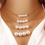 Women's Elegant Faux Pearl Bead Golden Tone Chain Multilayer Bib Necklace Jewelry