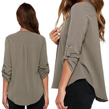 Women's Stylish Sexy V Neck Rollable Sleeve Loose Solid Chiffon Blouse Shirt - ENSEIGNE DENIS