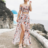 Summer Women Floral Print Long Slit Skirt Off Shoulder Crop Top Beach Dress Set - ENSEIGNE DENIS