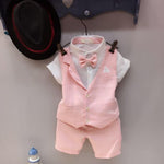 Baby Boy Gentleman Short Sleeve T-Shirt Plaid Waistcoat with Bow Tie Shorts Suit