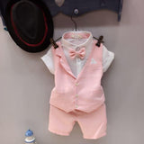 Baby Boy Gentleman Short Sleeve T-Shirt Plaid Waistcoat with Bow Tie Shorts Suit