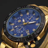 Luxury Men Golden Color Band Stainless Steel Date Quartz Analog Sport Wrist Watch