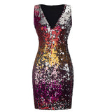 Sexy Gradient Color Sequins Deep-V Sleeveless Summer Women Party Pub Mini Dress - ENSEIGNE DENIS