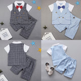 Baby Kids Boys Gentleman Short Sleeve Plaid T-Shirt Pants with Bow Tie Suit Set
