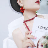 Korean Women Camellia Flower Long Tassel Rhinestone Party Leaverback Earrings