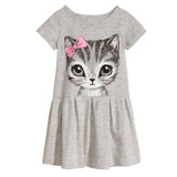 Kids Girls Fashion Summer Short Sleeve Cute Cat Bowknot Dress O-Neck Dress