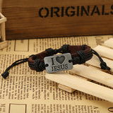 Unisex "I LOVE JESUS" Faux Leather Bangle Hemp Rope Chain Adjustable Bracelet - ENSEIGNE DENIS