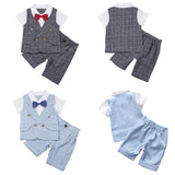 Baby Kids Boys Gentleman Short Sleeve Plaid T-Shirt Pants with Bow Tie Suit Set