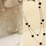 Women Square Rhinestones Beads 2 Layers Golden Alloy Chain Long Sweater Necklace